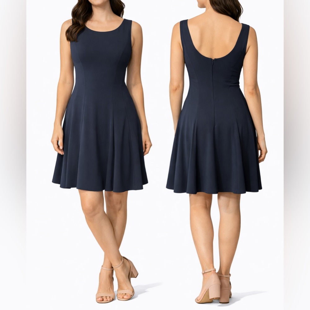 THEORY Dress Navy Blue 4 Small Scoop Neck Faux Silk A Line Low Back
